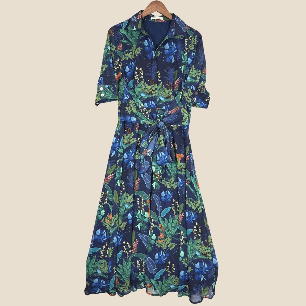 Wayward Fancies Maxi Dress Women M Navy Jungle Leopard Chiffon Tie Waist Boho